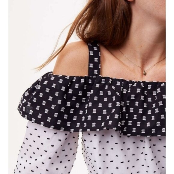 Loft Cold Shoulder Textured Polka dot top Black & White Size S - Picture 2 of 11